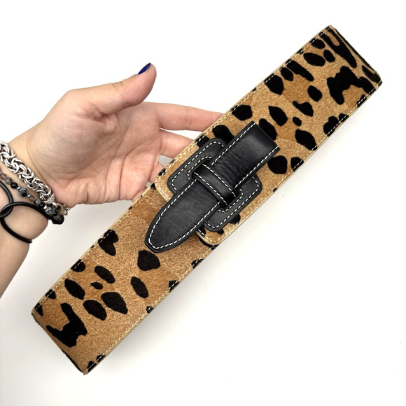 Vtg Barbara Bui Paris K6927 Leather Calf Hair Jaguar Print Wide Waist Belt 32\